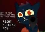  anthro cat clothed clothing english_text feline forced gun handgun incognito_12 looking_at_viewer mae_(nitw) mammal night_in_the_woods pistol ranged_weapon rape reaction_image red_eyes shirt simple_background solo text weapon 