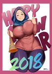  2018 ;q \m/ border breasts commentary curvy dark_skin eyebrows eyeliner eyeshadow forehead green_eyes happy_new_year hijab horn_(instrument) huge_breasts jpeg_artifacts lips looking_at_viewer makeup muslim new_year one_eye_closed original pantyhose ribbed_sweater solo sweater taut_clothes thick_thighs thighs tongue tongue_out unaligned_breasts vuvuzela zephyr_aile 