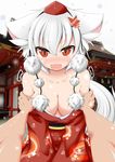  animal_ears autumn_leaves bare_shoulders blush breasts cleavage collarbone commentary_request fang hair_ornament hat highres inubashiri_momiji japanese_clothes kimono large_breasts leaf leaf_hair_ornament leaf_print long_sleeves looking_at_viewer new_year obi off_shoulder open_mouth pom_pom_(clothes) red_eyes sash sei0108 short_hair silver_hair solo sweatdrop tail tokin_hat touhou tsurime wolf_ears wolf_tail 