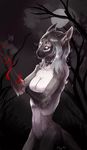  2017 anthro breasts cat cleavage clothed clothing collar feline female fur grey_fur hair holding_breast kay-ra key-ra long_hair mammal night nude pink_eyes silver_hair solo standing 