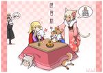  2boys 4girls absurdres alisaie_leveilleur alphinaud_leveilleur animal animal_ears animal_on_head blonde_hair blush_stickers cat_ears cat_tail chinese_zodiac dog elezen elf facial_mark final_fantasy final_fantasy_xiv grey_hair haimerejzero highres hyur japanese_clothes kimono kotatsu long_hair lying lyse_hext miqo'te multiple_boys multiple_girls nengajou new_year on_head on_stomach pointy_ears ponytail semi-rimless_eyewear short_hair sitting sleeping standing table tail urianger_augurelt white_hair y'shtola_rhul year_of_the_dog 