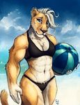  anthro avian ball beach beach_ball bikini bird blue_eyes chest_tuft clothed clothing cloud feline female hair lion looking_at_viewer mammal muscular muscular_female navel outside sea seaside sky solo standing swimsuit tasanko tuft water white_hair 