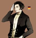  arm_up black_hair brown_background character_name facial_hair formal german_flag gloves half-closed_eyes hans_(emma) kiiton_tanaka male_focus parted_lips simple_background solo tuxedo victorian_romance_emma white_gloves 