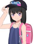  backpack bag baseball_cap black_hair blush bubukka character_request closed_mouth competition_school_swimsuit crime_prevention_buzzer eyebrows_visible_through_hair hat headwear_writing looking_at_viewer one-piece_swimsuit purple_eyes short_hair simple_background sleeveless smile solo swimsuit white_background 