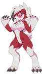  anthro black_nose breasts canine claws deerrobin eyelashes female fur grin half-closed_eyes looking_at_viewer lycanroc mammal midnight_lycanroc navel nintendo pok&eacute;mon pok&eacute;mon_(species) red_eyes red_fur sharp_teeth simple_background smile solo teeth toe_claws video_games white_fur 