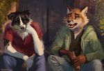  2017 alcohol anthro beer beverage blue_eyes border_collie canine clothed clothing collie dog door droopy_ears duo fangs fox hoodie inner_ear_fluff jacket mammal open_mouth outside red_eyes sad shirt sitting trunorth whiskers 