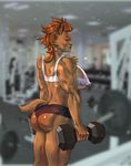  2017 anthro areola biceps big_breasts black_lips black_nose breasts brown_fur butt clothing exercise feline female fur gym hair hollandworks hot_pants humanoid_face kolyan-artist looking_at_viewer mammal mohawk muscular muscular_female nipples orange_fur orange_hair ragna_(hollandworks) red_nipples shirt short_hair solo tank_top torn_clothing weightlifting workout yellow_eyes 