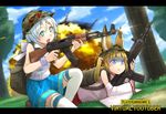  2girls :d ak-47 animal_ear_fluff animal_ears assault_rifle backpack bag blonde_hair blue_eyes blue_skirt blue_sky blurry blurry_background casing_ejection cloud commentary_request crossover day dennou_shoujo_youtuber_shiro detached_sleeves explosion eyebrows_visible_through_hair firing fox_ears gun heckler_&amp;_koch highres hk416 kemomimi_oukoku_kokuei_housou kurione_(zassou) letterboxed logo_parody lying mikoko_(kemomimi_oukoku_kokuei_housou) multiple_girls on_side one_knee open_mouth outdoors playerunknown's_battlegrounds rifle scared shell_casing shiro_(dennou_shoujo_youtuber_shiro) skirt sky smile sweatdrop thighhighs title_parody tree trembling turn_pale twintails virtual_youtuber weapon white_hair white_legwear wide_sleeves 