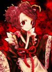  1girl entoma_vasilissa_zeta insect_girl kimono looking_at_viewer maid monster_girl overlord_(maruyama) red_background smile unusual_pupils 