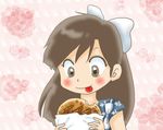  1girl artist_request bangs blush bow brown_eyes brown_hair flower food japanese_clothes kimono kuonji_ukyou long_hair okonomiyaki ranma_1/2 smile tongue tongue_out 