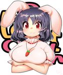  :3 animal_ears black_hair breasts bunny_ears carrot_necklace crossed_arms dress highres inaba_tewi medium_breasts red_eyes short_hair solo touhou umigarasu_(kitsune1963) wavy_hair white_dress 