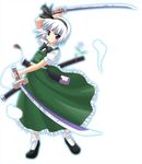  bangs big_eyes black_footwear black_hairband bow commentary_request dress eyebrows_visible_through_hair green_bow green_dress green_neckwear hairband kinagi_yuu konpaku_youmu purple_eyes samurai simple_background solo sword touhou weapon white_background white_hair white_legwear 