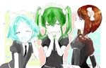  androgynous black_gloves black_neckwear blush brown_eyes brown_hair elbow_gloves gem_uniform_(houseki_no_kuni) gloves green_eyes green_hair hair_ornament hair_ribbon hairband houseki_no_kuni jade_(houseki_no_kuni) jida_(anringo) labcoat long_hair multiple_others necktie one_eye_closed phosphophyllite ribbon rutile_(houseki_no_kuni) shirt short_hair short_sleeves twintails white_shirt 