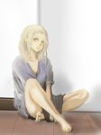  barefoot blonde_hair brown_eyes final_fantasy final_fantasy_xii hair_down long_hair looking_at_viewer mochi_(hanamaruudondesu) oversized_clothes penelo shirt sitting smile solo t-shirt toes 