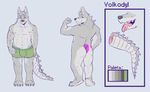  anthro bulge butt canine clothed clothing crocodile crocodilian english_text eyebrows fangs hybrid looking_at_viewer maceduuowo male mammal model_sheet muscular muscular_male nude reptile scalie solo text tongue tongue_out topless volkodyl wolf 