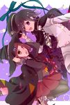  1girl black_hair black_legwear boots brown_eyes brown_footwear cape checkered checkered_scarf commentary_request danganronpa hair_ornament hairclip harry_(arupaka84) hat headwear_removed highres holding holding_hat looking_at_viewer new_danganronpa_v3 ouma_kokichi pantyhose peaked_cap pleated_skirt purple_eyes red_hair red_skirt scarf school_uniform short_hair skirt smile witch_hat yumeno_himiko 