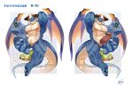  1boy abs arm_behind_head bara barefoot card chinese_commentary claws cloaca closed_mouth commentary_request completely_nude dragon_boy dragon_ears dragon_horns dragon_tail dragon_wings earrings english_text erection fang fangs fangs_out floating_card full_body furry furry_male highres horns jewelry licking_lips looking_at_viewer male_focus merchandise_available mikiya_(mine_miki0840) mixed-language_commentary multiple_views muscular muscular_male navel nipples nude open_mouth pectorals playing_card signature smile tail tongue tongue_out tyrantino_(xxl) wings xxl_woofia 