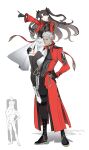  1boy 1girl absurdres archer_(fate) archer_(honkai:_star_rail)_(fate) asymmetrical_legwear black_boots black_gloves black_hair black_thighhighs blue_eyes boots carrying carrying_person closed_mouth dark-skinned_male dark_skin fate/stay_night fate/unlimited_blade_works fate_(series) floating_hair gloves hand_on_own_hip highres honkai:_star_rail honkai_(series) jacket looking_at_viewer official_alternate_costume pointing red_jacket reference_inset shadow shiba_xie18 simple_background single_leg_pantyhose single_thighhigh skirt smile thighhighs tohsaka_rin tohsaka_rin_(honkai:_star_rail) two_side_up uneven_legwear white_background white_hair white_skirt 