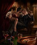  ada_wong artist_name black_hair brown_hair commentary curtains dress english_commentary formal_clothes fur_shawl gun hand_on_another's_face handgun high_heels highres holding holding_gun holding_knife holding_weapon knife lamp leon_s._kennedy necktie nunschick poker_chip red_dress resident_evil roulette roulette_table shawl sitting suit table watermark weapon 