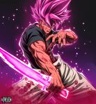  1boy aura black_dougi black_shirt ch_nadhir commentary cosplay dougi dragon_ball dragon_ball_super energy_scythe evil_smile fushiguro_toji fushiguro_toji_(cosplay) goku_black highres jujutsu_kaisen karate_gi male_focus martial_arts_belt muscular muscular_male shirt smile solo spiked_hair super_saiyan super_saiyan_rose 