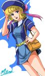  1970s_(style) 1girl absurdres aqua_dress bag belt blonde_hair blue_eyes blue_hat blue_jacket blue_sky bow cloud curly_hair dress flight_attendant flight_attendant_hat gold_belt hana_no_ko_lunlun hat highres jacket looking_at_viewer lunlun_(hana_no_ko_lunlun) masaaki_endo official_alternate_costume retro_artstyle short_hair short_sleeves shoulder_bag signature sky solo travel_attendant 