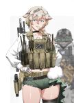  2girls absurdres assault_rifle black_choker blonde_hair blue_eyes bulletproof_vest choker cowboy_shot fingerless_gloves fn_mk_20_ssr gloves goddess_of_victory:_nikke green_shorts gun hair_ears hand_on_own_hip handgun headset highres holster mass-produced_nikke micro_shorts midriff_peek multiple_girls ogirin3948 prika_(nikke) rifle shirt short_hair_with_long_locks shorts sig_mcx single_thighhigh sniper_rifle soldier_eg_(nikke) standing thighhighs thighs weapon white_background white_shirt 