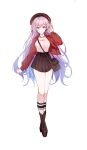  1girl alternate_costume beret blue_hair boots breasts brown_boots brown_skirt commentary crossed_legs cyrene_(demiurge)_(honkai:_star_rail) cyrene_(honkai:_star_rail) earrings full_body gradient_hair hat highres honkai:_star_rail honkai_(series) jacket jewelry large_breasts long_hair long_legs looking_at_viewer multicolored_hair pink_hair pink_shirt purple_eyes purple_hair red_jacket sharang_o3o shirt simple_background skirt smile socks solo untranslatable_commentary very_long_hair watson_cross white_background white_socks 