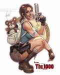  1girl aqua_tank_top backpack bag boots breasts brown_boots brown_eyes brown_gloves brown_hair brown_shorts cedric_poulat commentary desert_eagle earrings english_commentary english_text eyewear_on_head fingerless_gloves gloves grin gun handgun holding holding_gun holding_weapon hoop_earrings jewelry lara_croft large_breasts looking_at_viewer short_shorts shorts signature smile solo squatting stuffed_animal stuffed_toy tank_top teddy_bear tomb_raider weapon weapon_request white_bag 