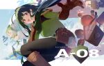  1girl 1other :d alternate_costume amber_(gemstone) armor belt_pouch bird black_pants blue_sky book boots breasts brown_eyes cape character_doll commentary_request creature doll dynamic_pose english_text feet_out_of_frame flask floating floating_book floating_card floating_hair floating_object from_side gem gloves green_cape green_hair hairband large_breasts leather leather_boots leather_gloves letterboxed long_hair looking_at_viewer midair outdoors outside_border outstretched_arm pants pauldrons pouch ribbed_sweater round-bottom_flask shirinda_fureiru shoulder_armor sky smile sweater teeth test_tube too_many too_many_birds touhoku_zunko upper_teeth_only vocaloid voiceroid zundamon zundamon_(utau) 