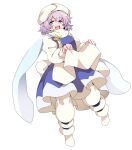  1girl apron apron_hold baba_(baba_seimaijo) blue_skirt blue_vest breasts full_body hat highres lapel_pin letty_whiterock long_sleeves medium_breasts medium_hair open_mouth purple_eyes purple_hair scarf second-party_source simple_background skirt smile solo teeth touhou transparent_background upper_teeth_only vest waist_apron white_apron white_hat white_scarf 