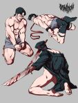  1boy alt_text ass ass_peek bara black_hair blood bound boxers chainsaw_man coat collage commentary cuffs english_commentary feet full_body gag gagged grey_background handcuffs highres improvised_gag katana_man_(chainsaw_man) kneeling legwear_garter long_sideburns male_focus male_underwear male_underwear_pull monster_boy multiple_views muscular muscular_male object_through_head open_mouth pectorals short_hair sideburns simple_background smokerichi sword sword_in_head tape tape_gag underwear weapon 