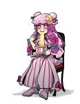  1girl blue_bow blunt_bangs boots bow bright_pupils chair chopsticks commentary crescent crescent_hat_ornament dress eating food full_body hair_bow hat hat_ornament highres holding holding_chopsticks iganashi1 instant_cup_noodles instant_noodles kamaboko long_dress long_hair long_sleeves looking_at_viewer mob_cap multiple_hair_bows narutomaki patchouli_knowledge pink_dress pink_hat purple_boots purple_eyes purple_hair red_bow simple_background sitting solo sparkle sparkling_aura striped_clothes striped_dress touhou very_long_hair white_background white_pupils 