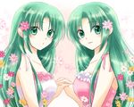  flower green_eyes green_hair hair_down hair_flower hair_ornament higurashi_no_naku_koro_ni holding_hands maekawa_suu multiple_girls siblings sisters smile sonozaki_mion sonozaki_shion twins 