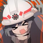  >_< 1girl black_hair blue_archive commentary_request grey_halo halo hand_on_own_head hard_hat helmet jacket long_hair long_sleeves minori_(blue_archive) open_mouth red_winter_federal_academy_logo scarf screaming solo striped_clothes striped_jacket sweat user_vnke7835 white_helmet white_scarf 