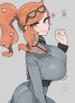  1girl among_us ass azz0422 blue_eyes breasts commentary crewmate_(among_us) english_commentary eyewear_on_head from_side grey_background highres huge_ass large_breasts long_hair looking_at_viewer narrow_waist orange_hair pokemon pokemon_sword_and_shield ponytail simple_background single_sidelock solo sonia_(pokemon) sweatdrop swept_bangs wavy_hair wavy_sidelocks 