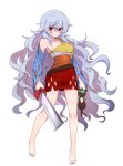  1girl animal baba_(baba_seimaijo) bare_legs bare_shoulders barefoot blue_sleeves breasts chen chen_(cat) cleaver closed_mouth collarbone detached_sleeves dress full_body grey_hair highres holding holding_animal knees large_breasts long_hair looking_at_viewer medium_dress multicolored_dress orange_dress red_dress red_eyes red_ribbon ribbon sakata_nemuno second-party_source short_dress sidelocks simple_background single-shoulder_dress single_strap solo toenails touhou transparent_background v-shaped_eyebrows very_long_hair wavy_hair yellow_dress 