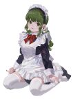  1girl absurdres apron black_dress blunt_bangs bow bowtie chinese_commentary collared_dress commentary contrast_collar dress earclip flower full_body green_eyes green_hair green_nails hair_flower hair_ornament highres light_blush looking_at_viewer low_twintails maid maid_apron maid_headdress mole mole_under_eye nail_polish no_shoes open_mouth original plantar_flexion red_bow red_bowtie sentter simple_background sitting smile solo thighhighs twintails white_apron white_background white_flower white_thighhighs yokozuwari zettai_ryouiki 