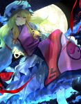  1girl absurdres blonde_hair bow closed_mouth commentary_request commission dress eneshi folded_fan folding_fan frilled_dress frilled_sleeves frills full_moon hair_bow hand_fan hat hat_ribbon highres holding holding_fan long_hair long_sleeves looking_at_viewer mob_cap moon night purple_eyes purple_tabard red_bow red_ribbon ribbon skeb_commission sky solo star_(sky) tabard touhou white_dress white_hat wide_sleeves yakumo_yukari 