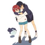  2girls 55bata6rou amate_yuzuriha aqua_skirt beanie black_hair black_hat black_skirt blue_jacket boots closed_eyes full_body gundam gundam_gquuuuuux haro hat highres hug hug_from_behind jacket jitome long_hair looking_at_viewer multiple_girls nyaan_(gundam_gquuuuuux) pom_pom_(clothes) pom_pom_beanie red_hair robot school_uniform shadow shirt shoes short_hair skirt smile sneakers standing sweater white_shirt white_sweater 