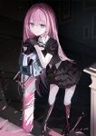  1girl black_boots black_gloves black_shirt black_skirt blood blue_eyes boots chainsaw closed_mouth collared_shirt colored_blood commentary_request gloves hair_between_eyes hair_intakes hands_up highres indoors iren_lovel knee_boots long_hair looking_at_viewer original own_hands_together pink_blood pink_hair puffy_short_sleeves puffy_sleeves shirt short_sleeves signature skirt solo stairs very_long_hair white_shirt 