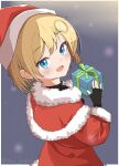  1girl absurdres alternate_costume black_gloves blonde_hair blue_eyes blush capelet commentary dress ee-zy english_commentary fingerless_gloves fur-trimmed_capelet fur_trim gloves hat highres hololive hololive_english looking_at_viewer open_mouth red_dress santa_costume santa_dress santa_hat short_hair smile solo virtual_youtuber watson_amelia 