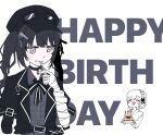  2girls arm_belt bandaged_arm bandaged_hand bandages birthday_cake black_bow black_choker black_coat black_dress black_hair black_hat black_ribbon bow braid cake chihaya_(ciha_ya25) choker closed_eyes coat collared_dress commentary_request dress english_text food fork goggles goggles_on_headwear grey_eyes hair_bow hair_ornament happy_birthday hat holding_utensil kurobe_honoka kurobe_nanoka long_hair mahou_shoujo_no_majo_saiban multiple_girls neck_ribbon open_mouth plaid_clothes plaid_dress ribbon short_hair simple_background smile spoilers twintails utensil_in_mouth white_background white_dress white_hair 