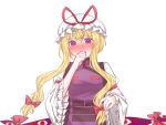  1girl absurdres blonde_hair blush bow breasts brown_hat commentary_request dress embarrassed frilled_sleeves frills gap_(touhou) hair_bow hat hat_ribbon highres long_hair long_sleeves medium_breasts mob_cap mochigumo open_mouth purple_tabard red_bow red_ribbon ribbon solo tabard touhou white_dress white_hat wide_sleeves yakumo_yukari 