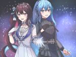 2girls :d azki_(dress)_(hololive) azki_(hololive) bad_anatomy bad_hands beckoning belt belt_buckle black_belt black_nails black_overskirt black_ribbon black_shirt blue_eyes blue_hair blue_ribbon brown_hair buckle chest_harness chihochow77 colored_inner_hair commentary_request covered_navel curled_ends dot_nose double-parted_bangs dress drill_hair fingernails framed_breasts frilled_gloves frills gloves grin hair_between_eyes hair_ribbon hand_on_own_chest hand_up hands_up harness high_ponytail hololive hoshimachi_suisei hoshimachi_suisei_(shout_in_crisis) jacket lapels long_hair long_sleeves looking_ahead low_drills mole mole_under_eye multicolored_hair multiple_belts multiple_girls nail_polish neck_garter o-ring open_hand outstretched_hand pink_hair pink_streaks pleated_dress pleated_skirt ponytail purple_eyes ribbed_dress ribbon see-through_clothes see-through_midriff see-through_sleeves shirt side-by-side side_drill side_ponytail silver_tiara single_glove skirt sleeve_cuffs smile sparkle spread_fingers star_(sky) starry_sky_background streaked_hair three-quarter_sleeves tiara turtleneck turtleneck_shirt upper_body very_long_hair virtual_youtuber white_dress white_gloves white_jacket white_streaks 