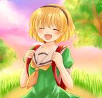  :d ^_^ backpack bag blonde_hair blush closed_eyes dress fang grass hairband happy higurashi_no_naku_koro_ni houjou_satoko maekawa_suu open_mouth sailor_dress smile tree 