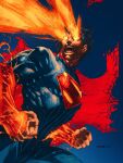  1boy absolute_dc absolute_superman absurdres cape clark_kent dc_comics energy_beam eye_beam glowing glowing_eyes highres laser male_focus multicolored_suit muscular muscular_male red_cape solo superhero_costume superman superman_(absolute_dc) superman_logo two-tone_suit wilwal2020 