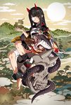  animal bandaged_leg bandages bangs barefoot black_hair blunt_bangs blush bound bound_legs braid chain closed_mouth cloud cuffs eyepatch fangs floating_hair floral_print french_braid full_body head_tilt highres holding horns kesa long_sleeves looking_at_viewer mountainous_horizon nyoro_(nyoronyoro000) ofuda one_eye_covered orange_sky original petting red_eyes scales shackles shiny shiny_skin sidelocks sitting sitting_on_object skull sky smile smoke snake solo straight_hair sun tree wide_sleeves 