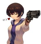  1girl absurdres black_hair blue_shirt brown_eyes chang_chin-lan collarbone commentary darkonyx09 english_commentary gun handgun highres holding holding_gun holding_weapon jacket kamiina_botan_yoeru_sugata_wa_yuri_no_hana one_eye_closed open_clothes open_jacket sailor_collar shirt short_hair simple_background solo weapon white_background white_jacket 