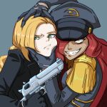  2girls armor black_suit blonde_hair commentary derpixon desert_eagle english_commentary finger_on_trigger green_background green_eyes gun handgun hands_on_another's_head hat highres holding holding_gun holding_weapon insignia long_hair military_hat military_uniform minerva_(derpixon) multiple_girls original pauldrons red_hair shoulder_armor simple_background smile smirk suit teeth weapon ydelle_(derpixon) yellow_eyes 