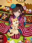  brown_hair commentary_request dog flower food gang_road_joker hair_flower hair_ornament hairpin holding_dog japanese_clothes kimono maneki-neko nengajou new_year official_art osechi seiza short_hair sitting smile yuu_(higashi_no_penguin) 